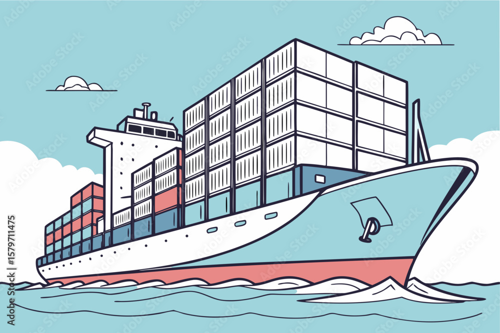 Fototapeta premium Large cargo ship sailing with containers in stylized vector ocean transport art