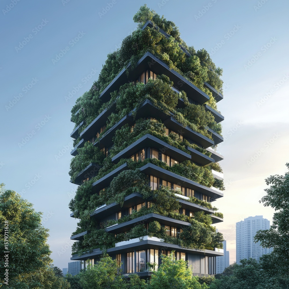 Modern skyscraper with extensive vertical green walls Modern skyscraper with extensive vertical green walls