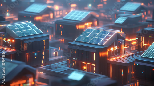 A futuristic city powered by decentralized solar grids, where citizens trade excess energy through blockchain, with sleek, minimalist designs of solar panels 