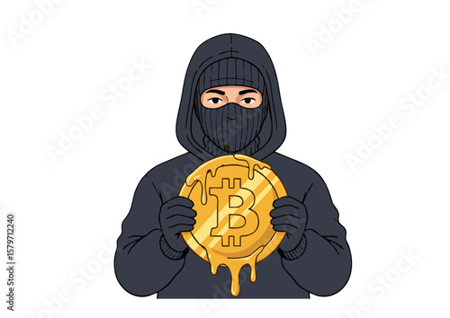 Masked Figure Holding Melting Bitcoin Coin Cryptocurrency Theft Concept.