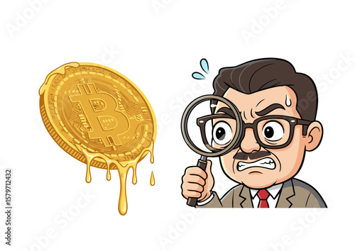 Melted Bitcoin Cryptocurrency Coin with Anxious Man Inspecting with Magnifying Glass.
