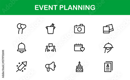 Event Planning Icon Set in Vector Style Featuring Calendar, Schedule, Venue, Invitation, and Party Elements