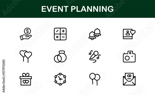 Event Planning Icon Set in Vector Style Featuring Calendar, Schedule, Venue, Invitation, and Party Elements