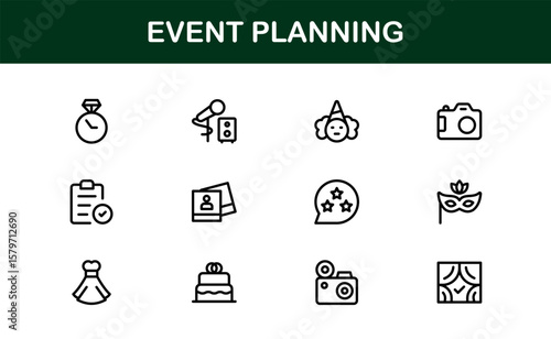 Event Planning Icon Set in Vector Style Featuring Calendar, Schedule, Venue, Invitation, and Party Elements