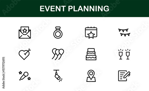 Event Planning Icon Set in Vector Style Featuring Calendar, Schedule, Venue, Invitation, and Party Elements