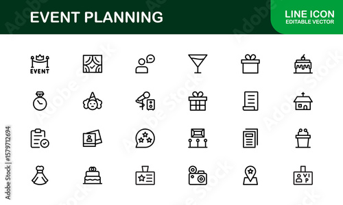 Event Planning Icon Set in Vector Style Featuring Calendar, Schedule, Venue, Invitation, and Party Elements