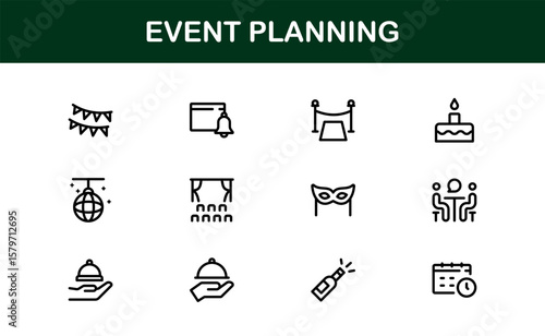 Event Planning Icon Set in Vector Style Featuring Calendar, Schedule, Venue, Invitation, and Party Elements
