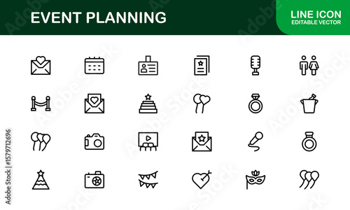 Event Planning Icon Set in Vector Style Featuring Calendar, Schedule, Venue, Invitation, and Party Elements