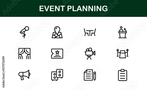 Event Planning Icon Set in Vector Style Featuring Calendar, Schedule, Venue, Invitation, and Party Elements