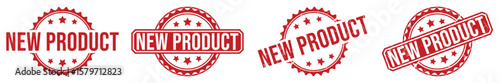 Collection of Four Red New Product Rubber Stamp Designs on White Background for Commercial Usage