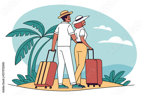 Couple standing with suitcases under palm tree enjoying tropical beach travel