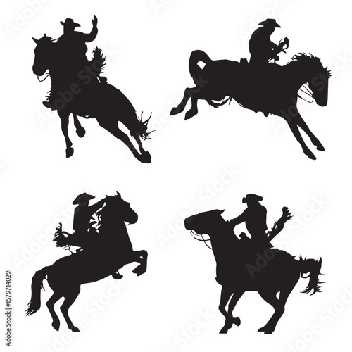  bronc rider silhouette set, Black & White silhouette set
