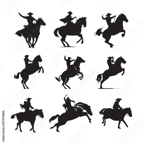  bronc rider silhouette set, Black & White silhouette set