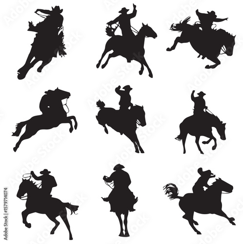 bronc rider silhouette set, Black & White silhouette set