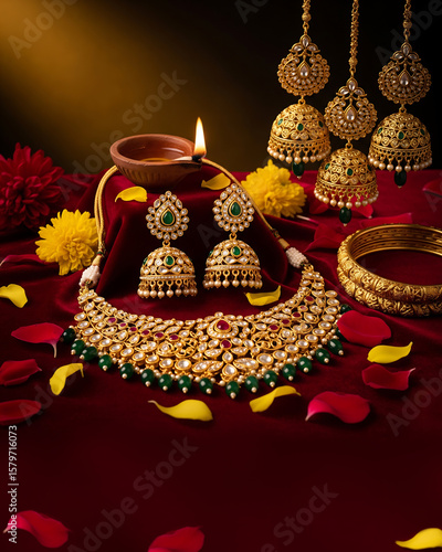 A luxurious Akshaya Tritiya Poster, Diya, Flowers & Traditional Indian Gold Necklace Set. Dark Red Background.