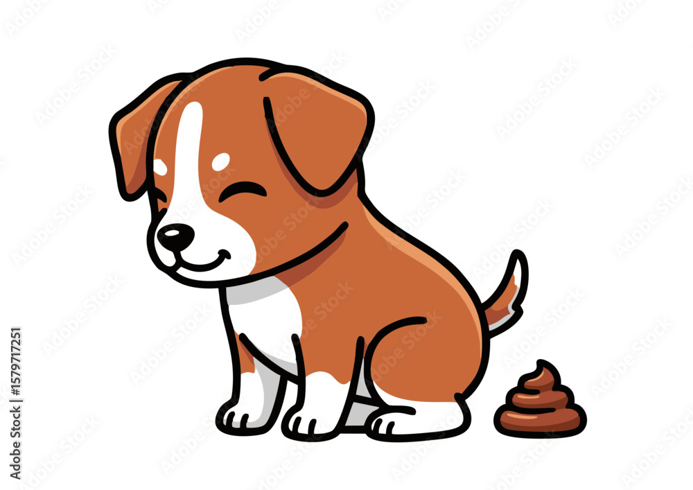 Obraz premium Cartoon Puppy Sitting with Brown and White Fur Smiling After Pooping.