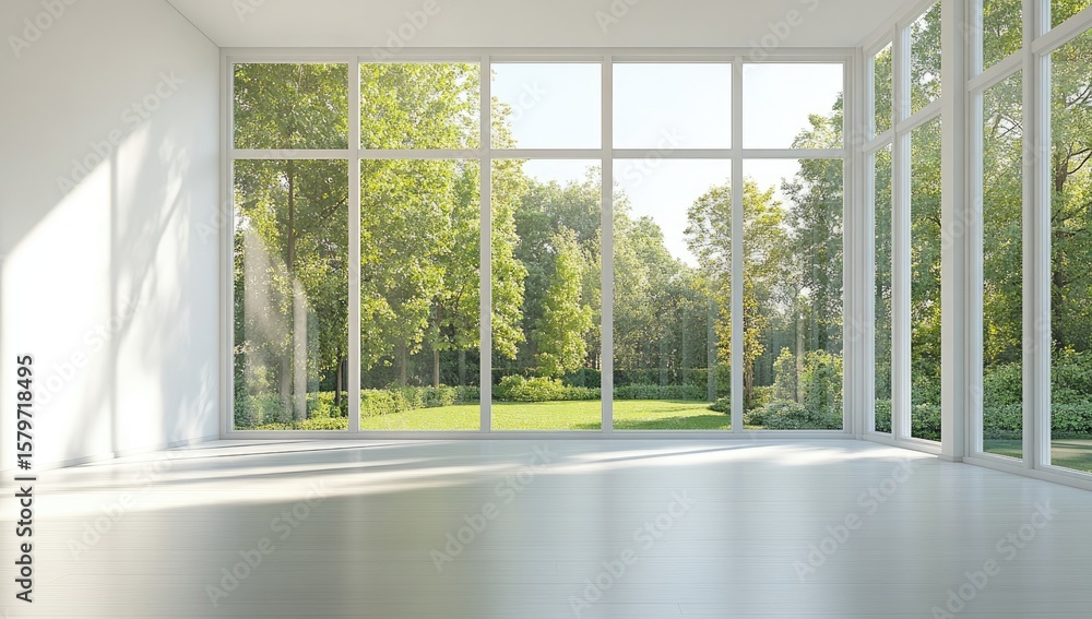 Fototapeta premium Empty room with large windows overlooking a verdant garden (1)