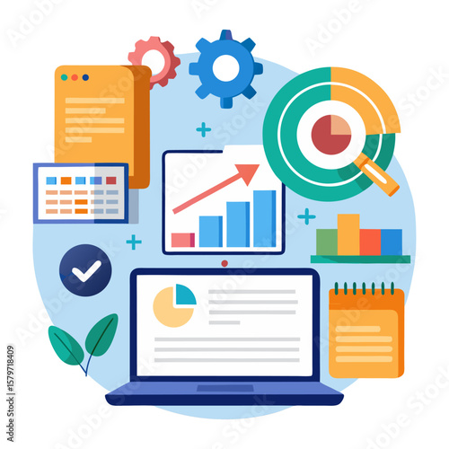 A comprehensive illustration depicting business analytics and data visualization, with a laptop displaying charts, surrounded by icons like gears, a magnifying glass, and documents.