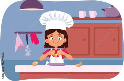 Girl Cracking Eggs and Cooking in the Kitchen Vector Illustration. Little child excited about making her breakfast independently 

