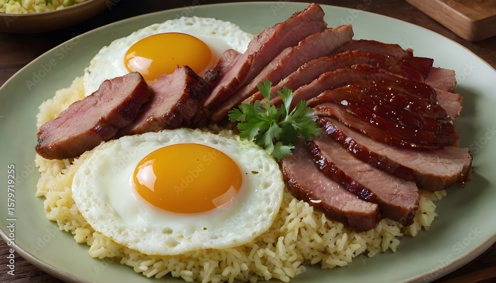 plate of tocino with a fried egg and rice plate of tocino with a fried egg and rice
