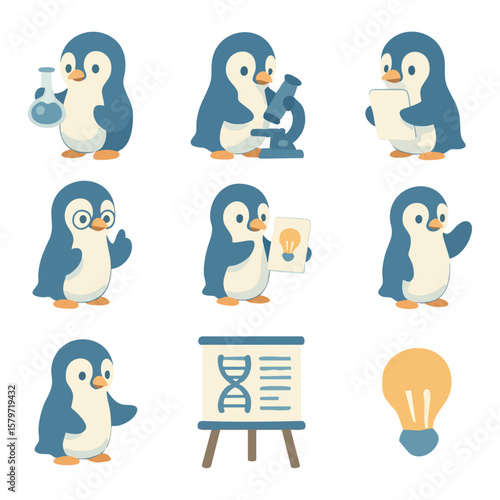추상 파란 펭귄 캐릭터 학습 세트 번들, 분리된 배경. 지적이고 재미있는 과학 발표 디자인, 밝은 교육용 질감 그래픽