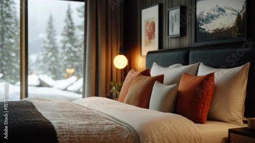 Cozy bedroom with mountain view
