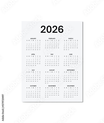 Calendar Template for 2026. Week Starts on Sunday, Agenda or Diary Template.