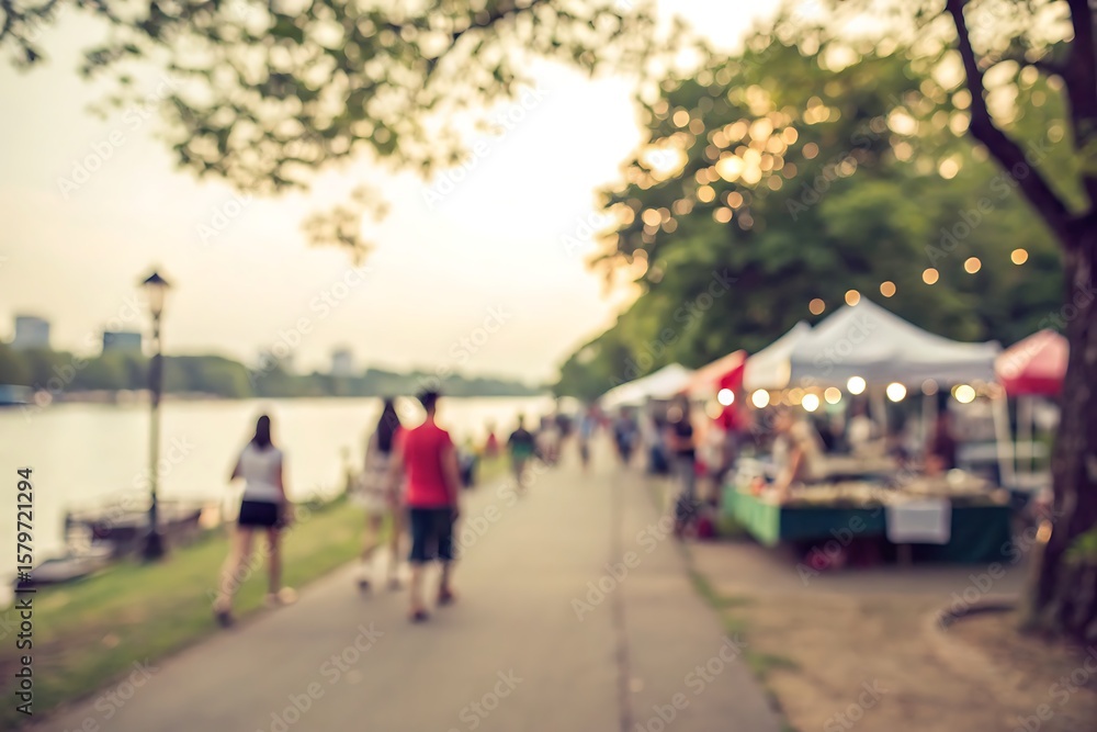 Blurry View of People Walking Along Riverbank with Market Stalls at Sunset Blurry View of People Walking Along Riverbank with Market Stalls at Sunset