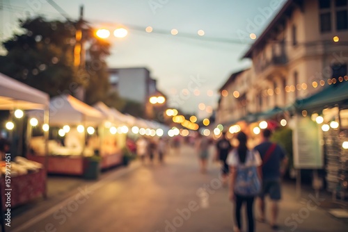 Busy Evening Street Market with Colorful Stalls and Blurred People During Twilight