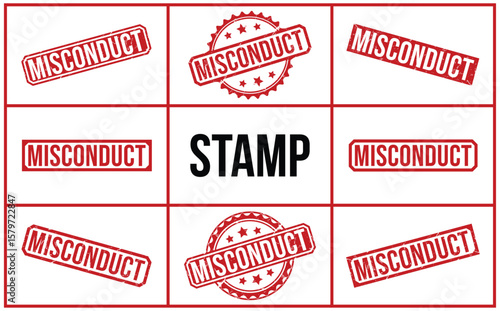 Grid Displaying Red Misconduct Stamp Illustrations and Central Text Stamp on White Background