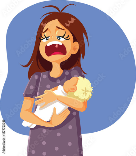 Funny Cartoon Exhausted Mommy Yawning Vector Character. New mom suffering from insomnia feeling tired  
