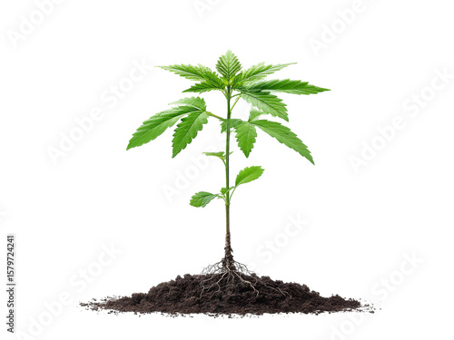 Young cannabis plant growing in soil against black background, Isolated On Transparent Background, Png