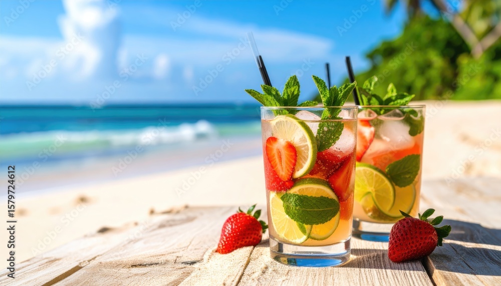 Obraz premium Refreshing tropical drinks on a beach