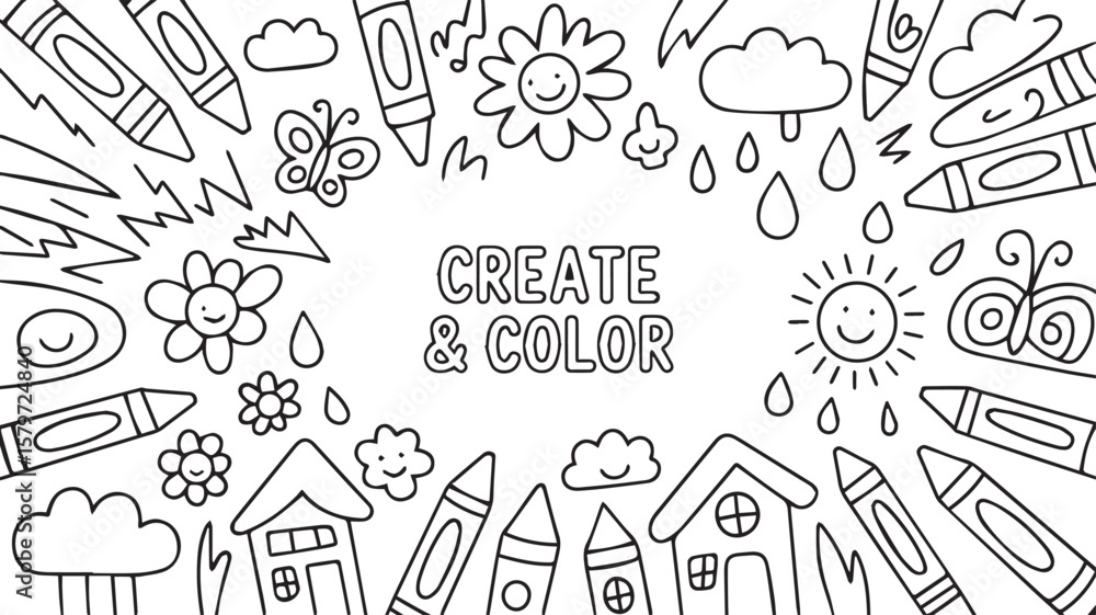 Fototapeta premium Whimsical doodle art featuring crayons smiling sun clouds butterflies flowers and houses with create and color text