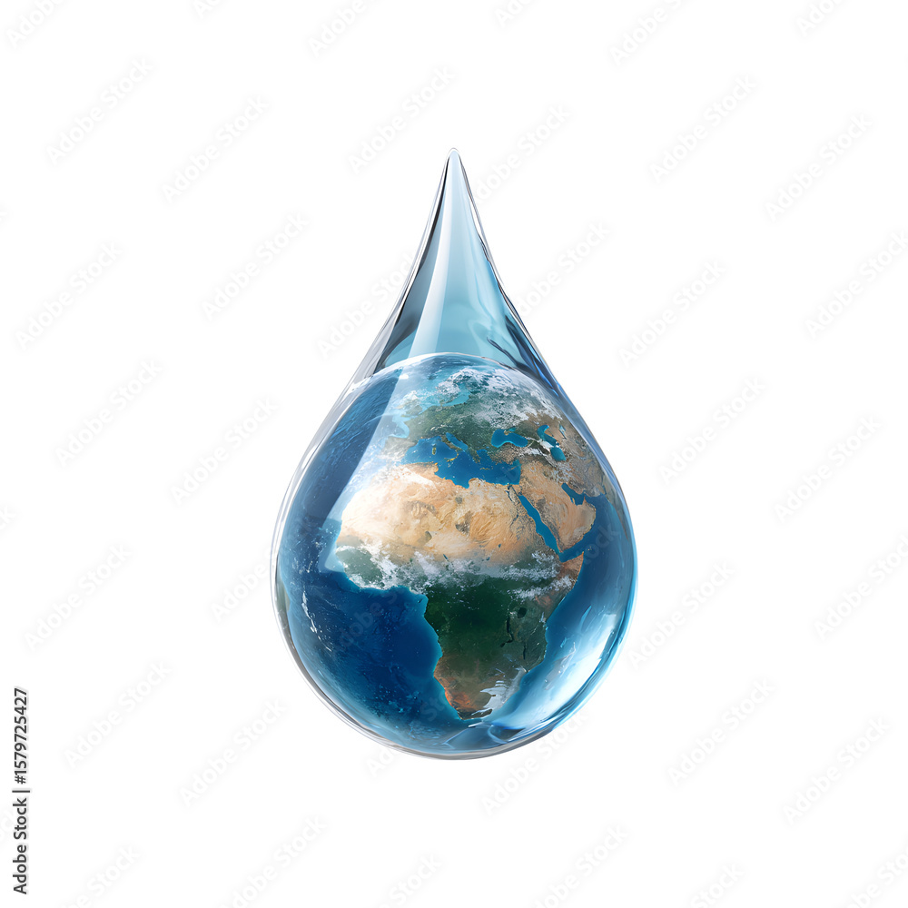 Obraz premium Water drop containing planet Earth representing global water conservation and sustainability, isolated on transparent background