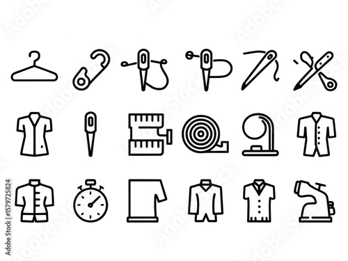 Minimal Line Icons Set of Tailoring and Sewing Tools ,Vector Fashion Design Elements.