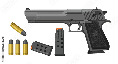 Desert Eagle Gun Vector with Magazine and Ammo on White Background
