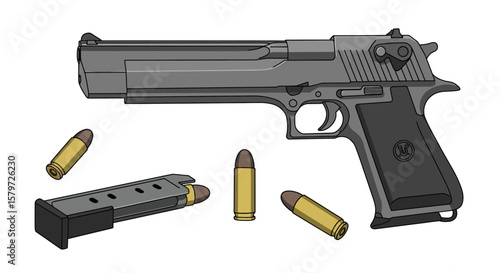 Open Breech Desert Eagle Pistol with Ammunition Vector