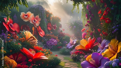 Enchanting floral pathway bathed in ethereal morning sunlight and mist