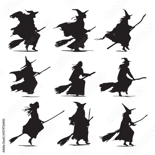 broomstick with witch silhouette set, Black & White silhouette set