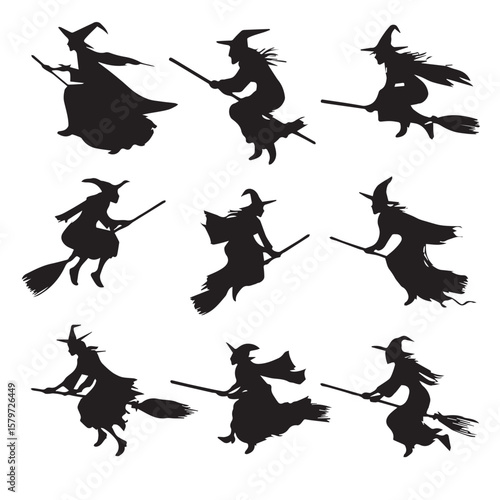 broomstick with witch silhouette set, Black & White silhouette set