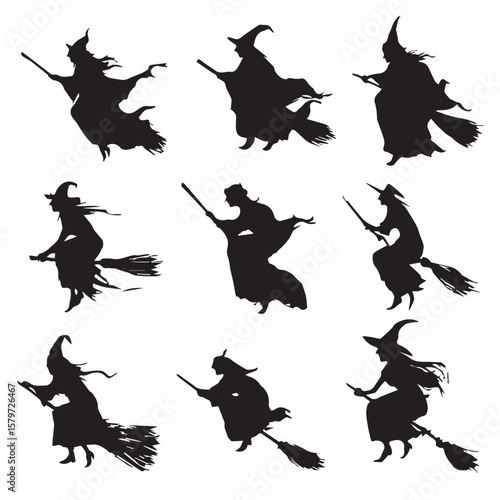 broomstick with witch silhouette set, Black & White silhouette set