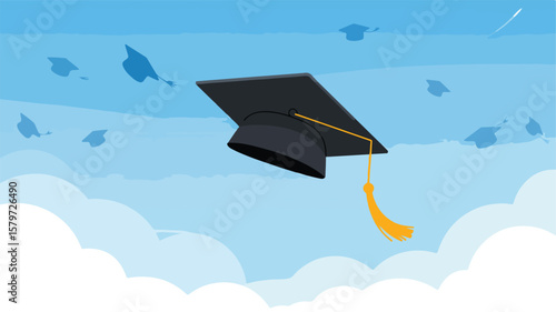 Graduation caps flying in the sky with clouds symbolizing achievement and future possibilities