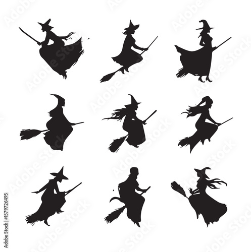 broomstick with witch silhouette set, Black & White silhouette set