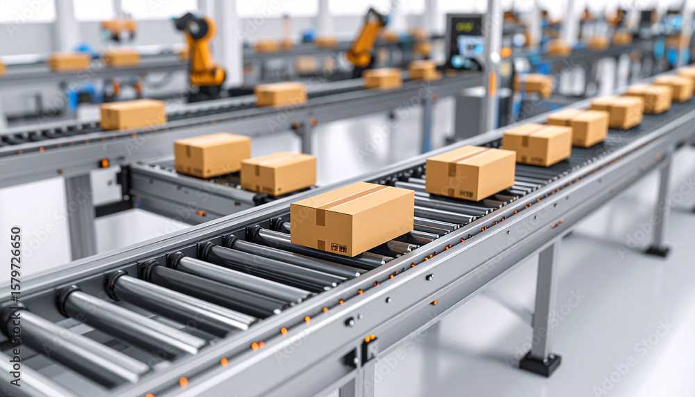 Naklejka premium Automated Assembly Line: A modern factory showcases its advanced automated assembly line, with boxes moving seamlessly along a conveyor belt, ready for distribution.