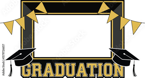 Graduation celebration frame with black chalkboard and golden text graduation caps and bunting flags