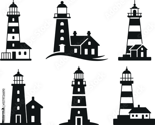 Lighthouse structures with houses and lamp post beacon