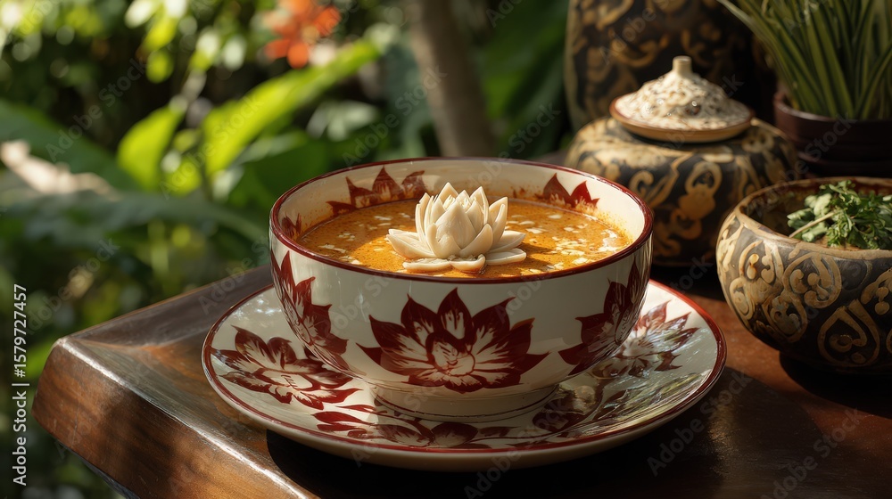 Fototapeta premiumA bowl of Panang Curry with creamy sauce, adorned with a carved daikon lotus