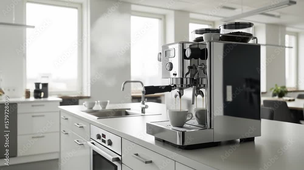 Espresso Machine Brewing Coffee in Modern Kitchen, Steam, Close-Up Espresso Machine Brewing Coffee in Modern Kitchen, Steam, Close-Up