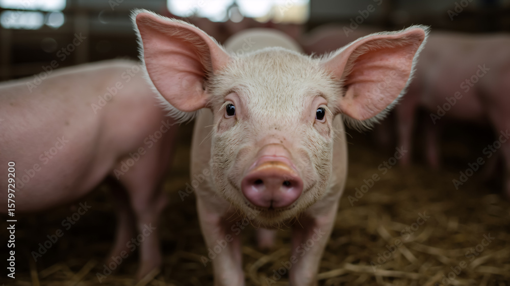 Young pink piglet looking directly at camera. Close up of a baby pig on straw bedding. Young pink piglet looking directly at camera. Close up of a baby pig on straw bedding.